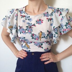 Bird & Blossom Ruffle Sleeve Cotton Blouse